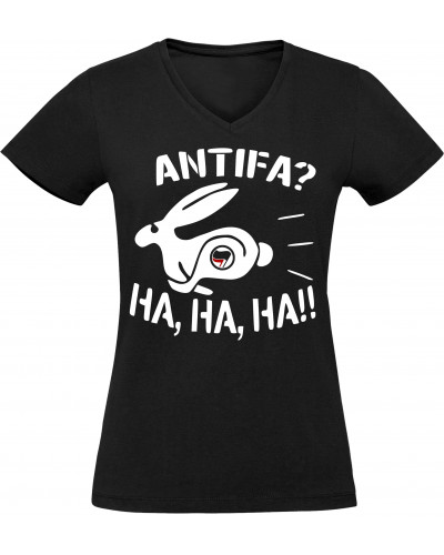 Damen V-Ausschnitt T-Shirt (Antifa, ha ha ha)