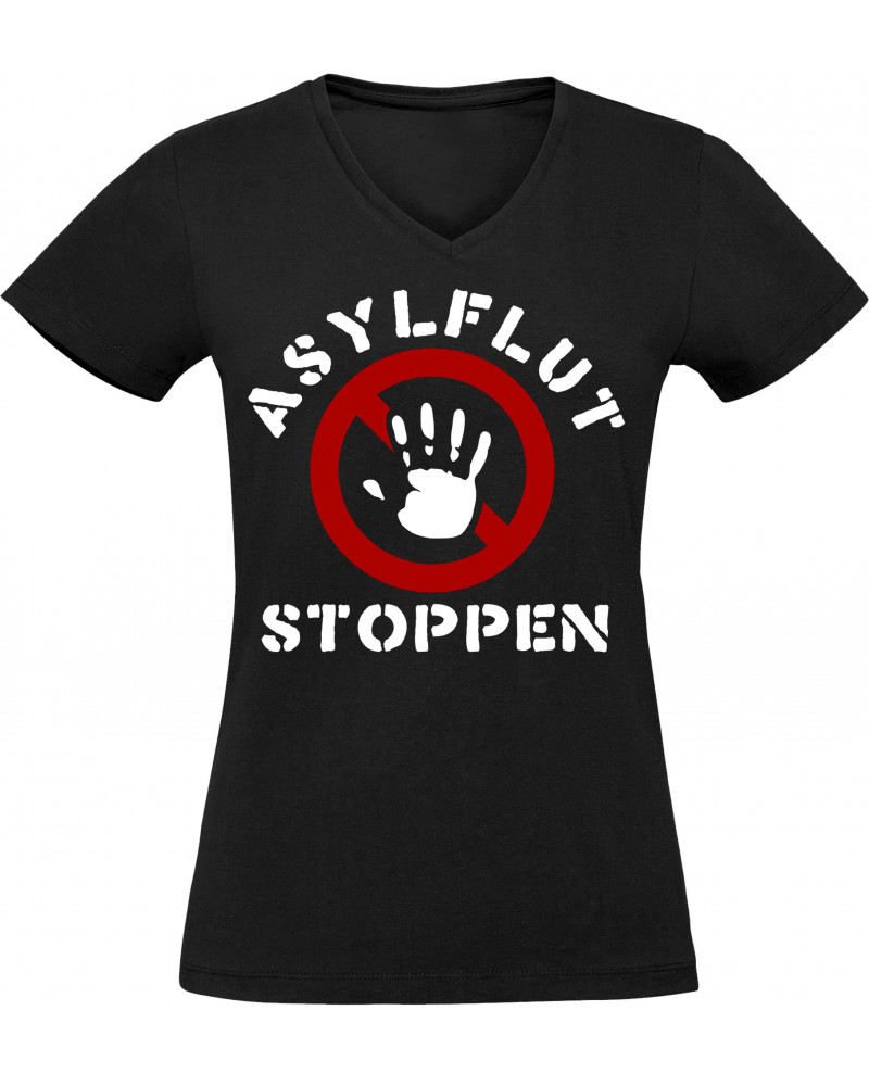 Damen V-Ausschnitt T-Shirt (Asylflut stoppen)