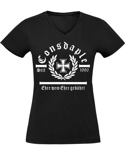 Damen V-Ausschnitt T-Shirt (Consdaple, Ehre wem Ehre gebührt)
