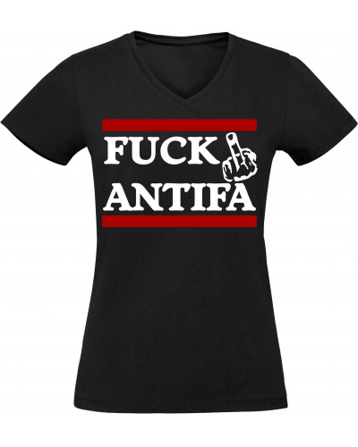 Damen V-Ausschnitt T-Shirt (Fuck Antifa)