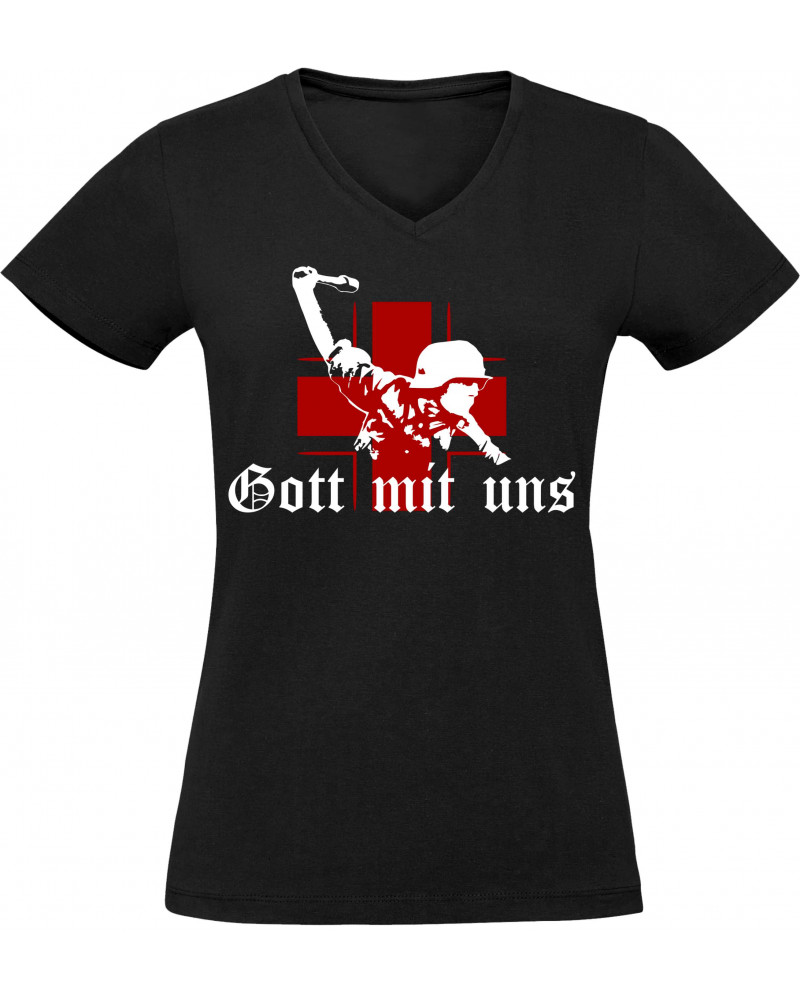 Damen V-Ausschnitt T-Shirt (Gott mit uns, Soldat)