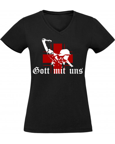 Damen V-Ausschnitt T-Shirt (Gott mit uns, Soldat)