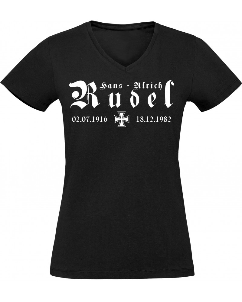 Damen V-Ausschnitt T-Shirt (Hans - Ulrich Rudel, Kreuz)