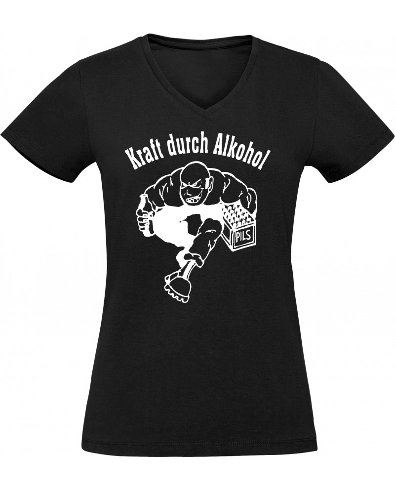 Damen V-Ausschnitt T-Shirt (Kraft durch Alkohol)
