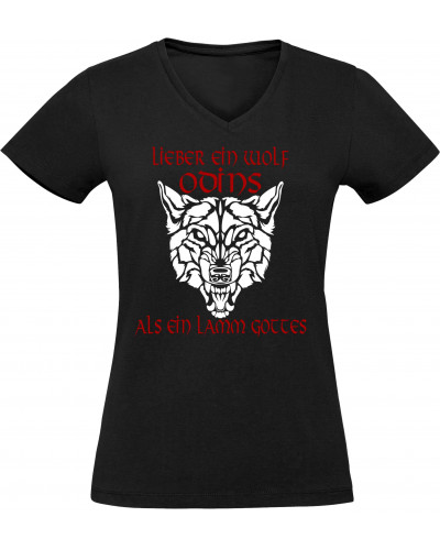 Damen V-Ausschnitt T-Shirt (Lieber ein Wolf Odins als ein Lamm Gottes)