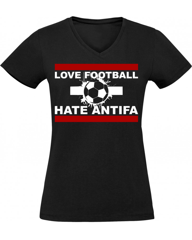 Damen V-Ausschnitt T-Shirt (Love Football hate Antifa)