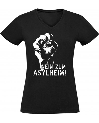 Damen V-Ausschnitt T-Shirt (Nein zum Asylheim)