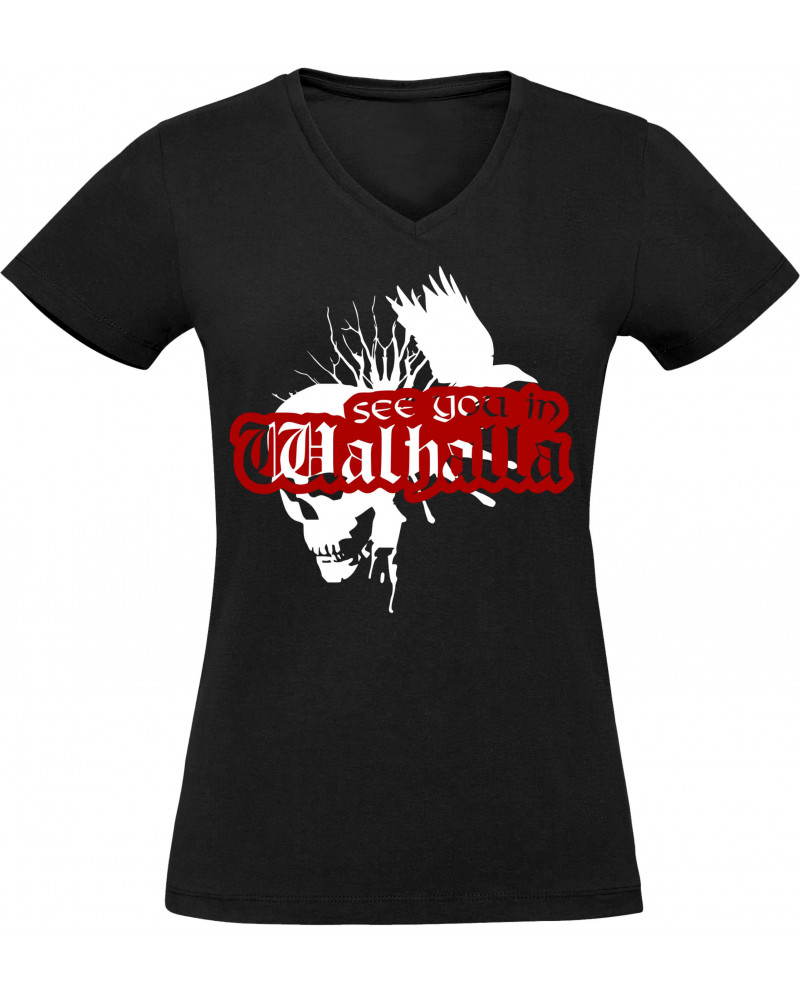 Damen V-Ausschnitt T-Shirt (See you in Walhalla, Totenkopf)