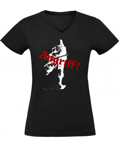 Damen V-Ausschnitt T-Shirt (Soldat, Angriff)