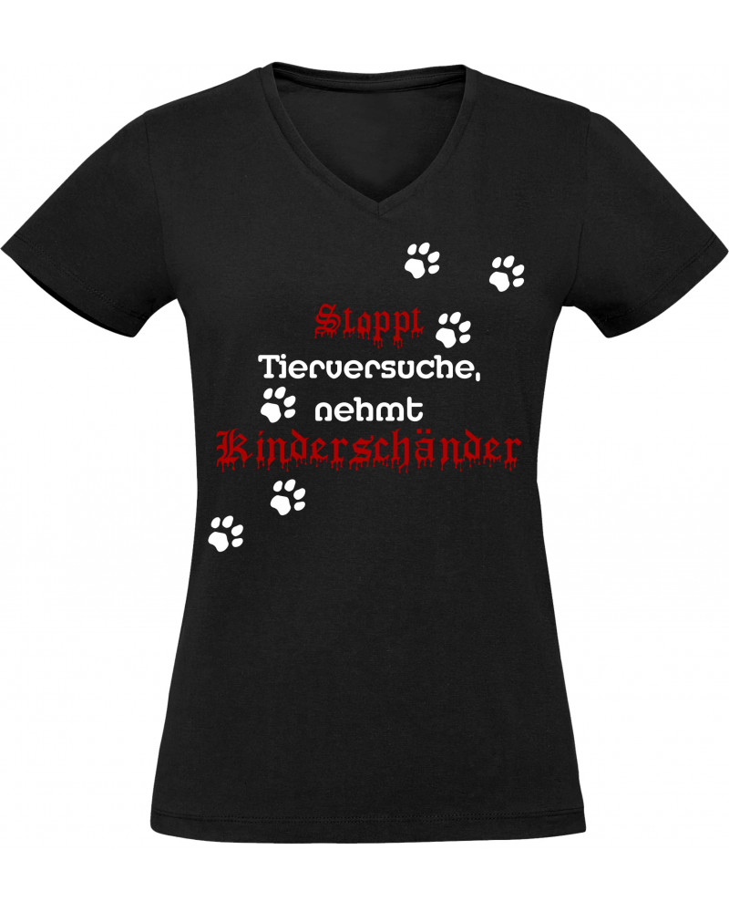 Damen V-Ausschnitt T-Shirt (Stoppt Tierversuche, nehmt Kinderschänder)