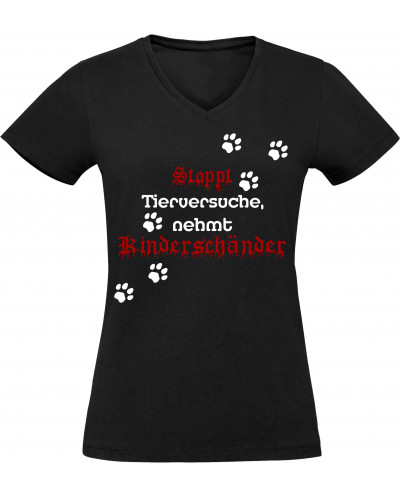 Damen V-Ausschnitt T-Shirt (Stoppt Tierversuche, nehmt Kinderschänder)