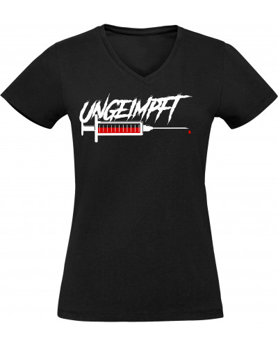 Damen V-Ausschnitt T-Shirt (Ungeimpft, Spritze)