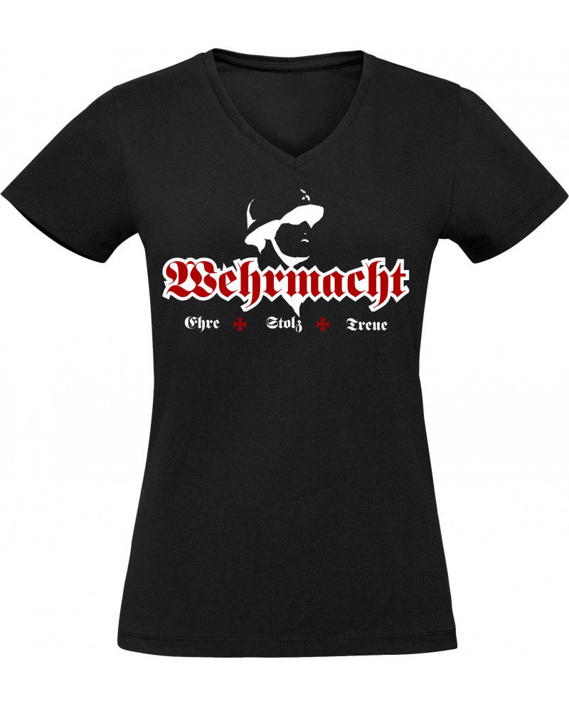 Damen V-Ausschnitt T-Shirt (Wehrmacht, ehre stolz treue)