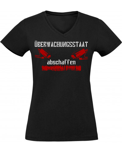 Damen V-Ausschnitt T-Shirt (Überwachungsstaat abschaffen)