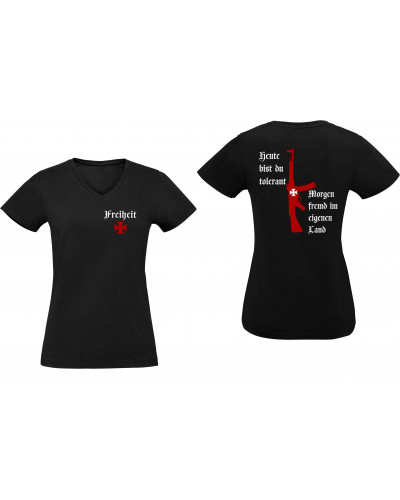 Damen V-Ausschnitt T-Shirt (Heute tolerant morgen fremd im eigenen Land)