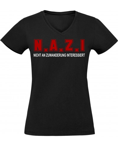 Damen V-Ausschnitt T-Shirt (Nicht an Zuwanderung interessiert, Fahne)