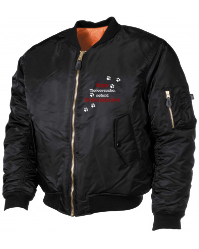 Bestickte MA1 Bomberjacke (Stoppt Tierversuche, nehmt Kinderschänder)