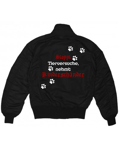 Bestickte MA1 Bomberjacke (Stoppt Tierversuche, nehmt Kinderschänder)