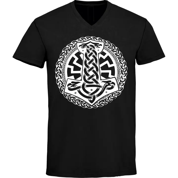 Herren V-Ausschnitt T-Shirt - Schwarze Sonne, Thorhammer