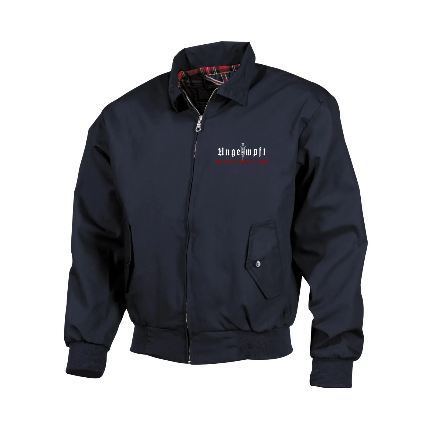 Bestickte Harrington Jacke, Blau - Ungeimpft, Steckt euch eure Impfung in den Arsch