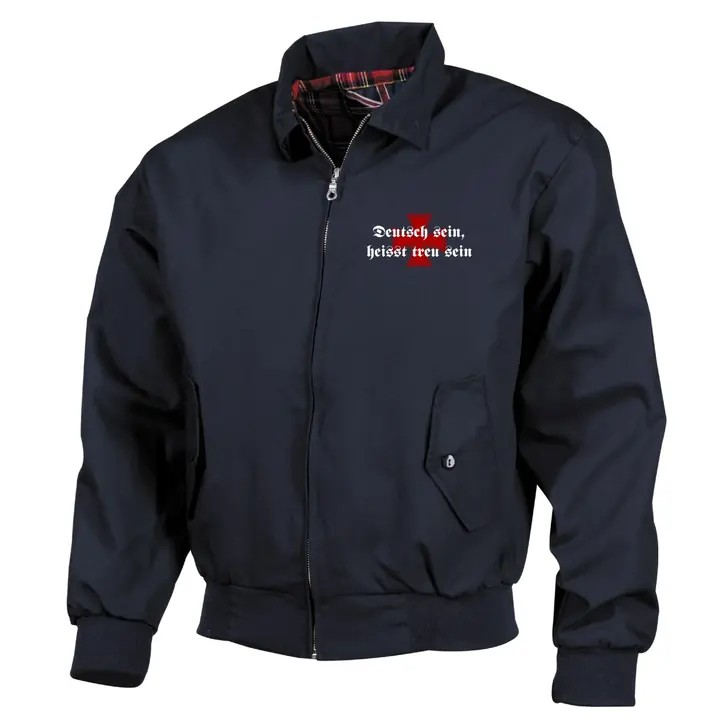 Bestickte Harrington Jacke, Blau - Deutsch sein, heißt treu sein
