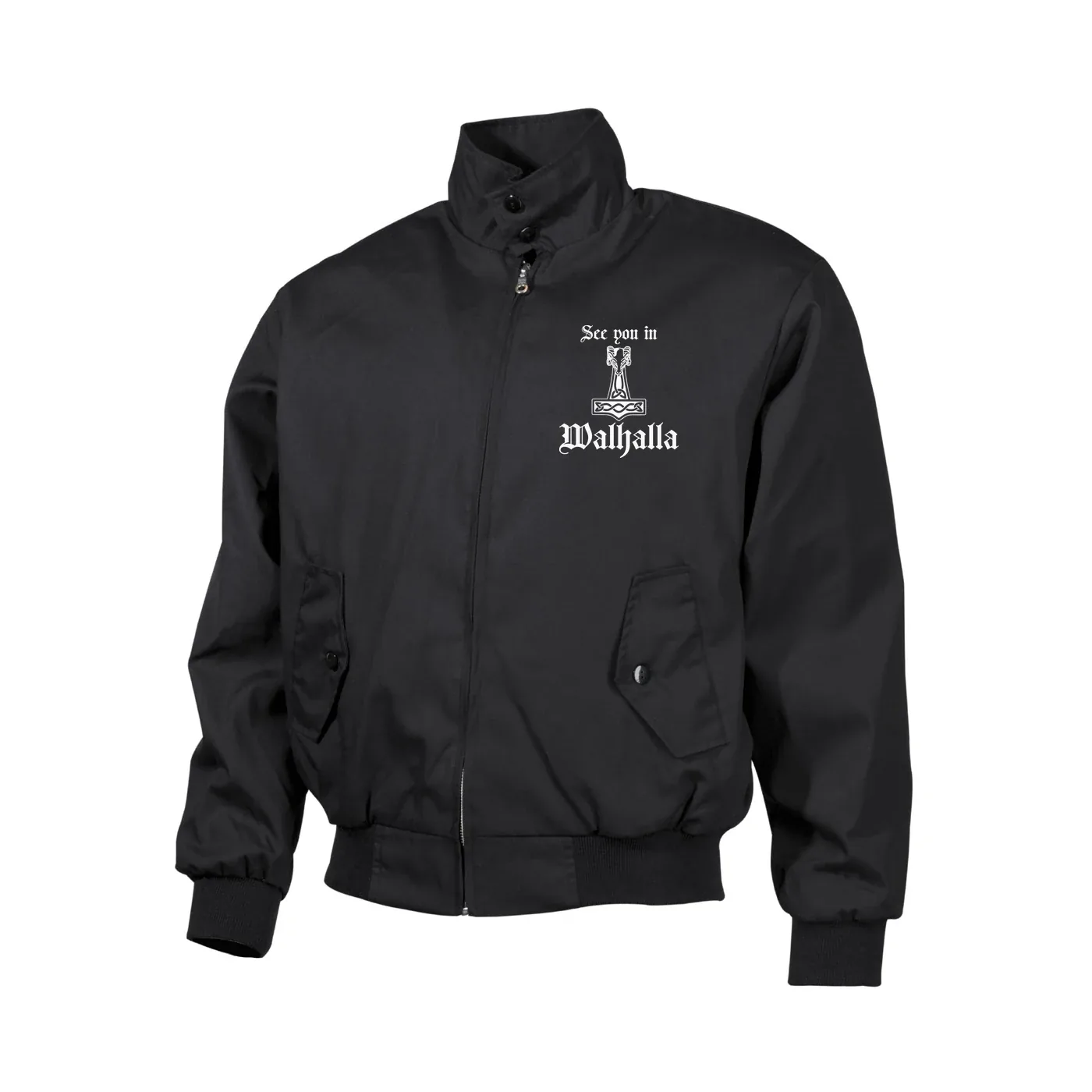 Bestickte Harrington Jacke, Schwarz - See you in Walhalla Thorhammer