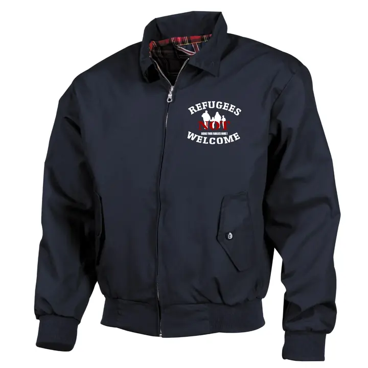 Bestickte Harrington Jacke, Blau - Refugees not welcome