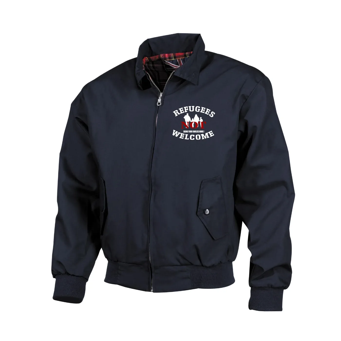 Bestickte Harrington Jacke, Blau - Refugees not welcome