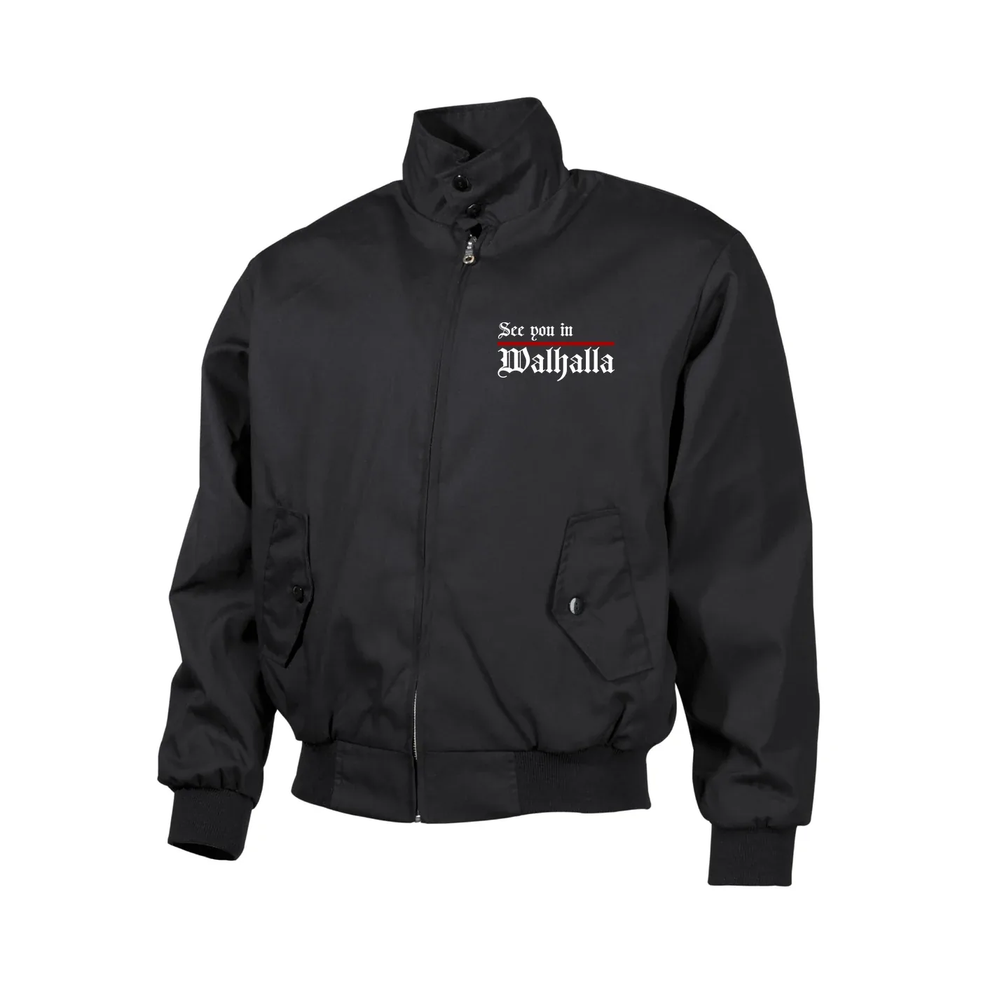 Bestickte Harrington Jacke, Schwarz - See you in Walhalla, Strich