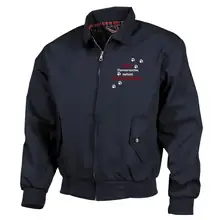 Bestickte Harrington Jacke, Blau - Stoppt Tierversuche, nehmt Kinderschänder Vorderseite