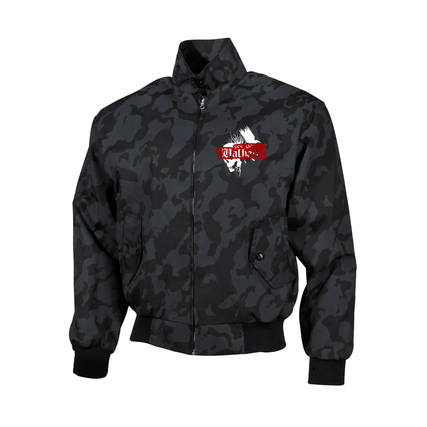 Bestickte Harrington Jacke, Camo - See you in Walhalla, Totenkopf