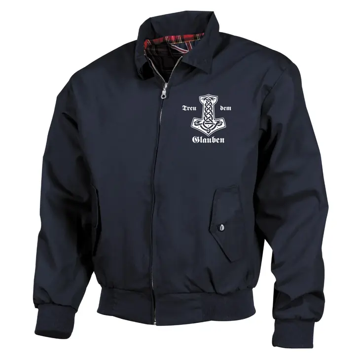 Bestickte Harrington Jacke, Blau - Treu dem Glauben