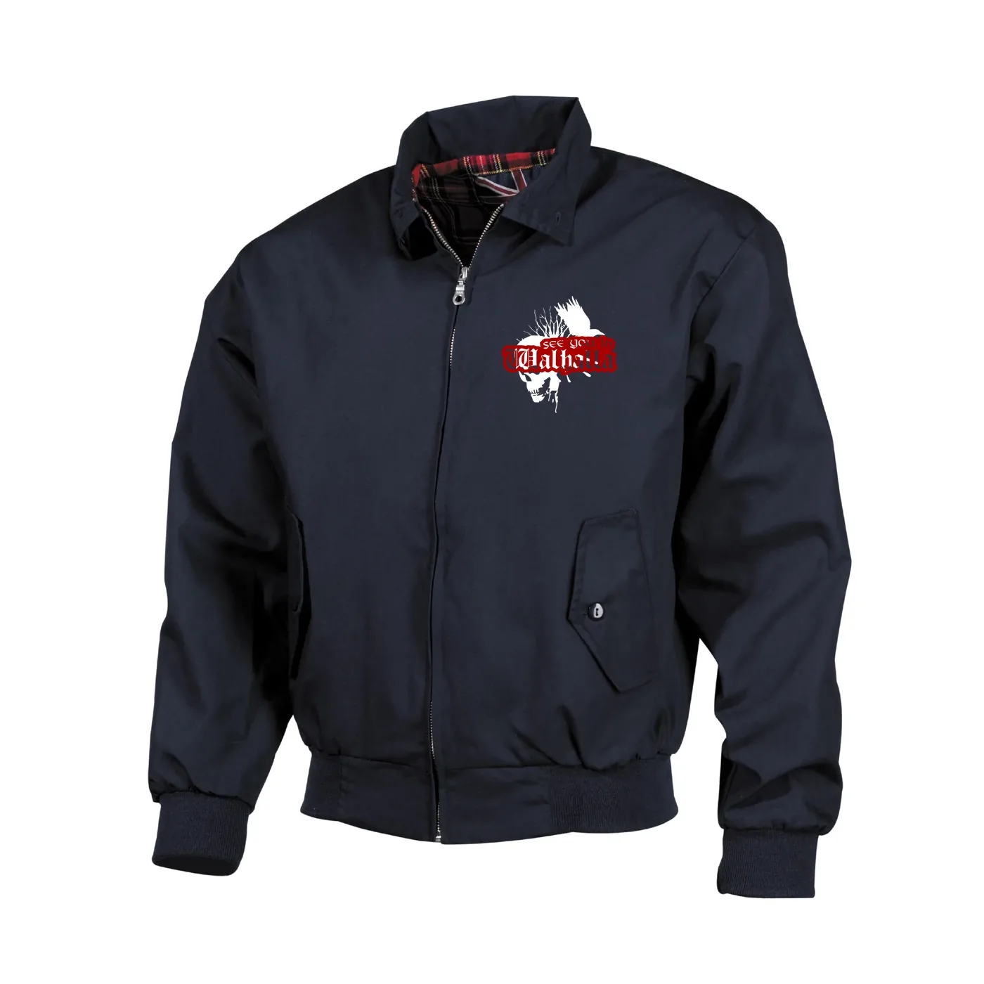 Bestickte Harrington Jacke, Blau - See you in Walhalla, Totenkopf