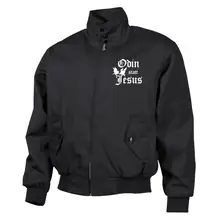 Bestickte Harrington Jacke, Schwarz - Odin statt Jesus Vorderseite