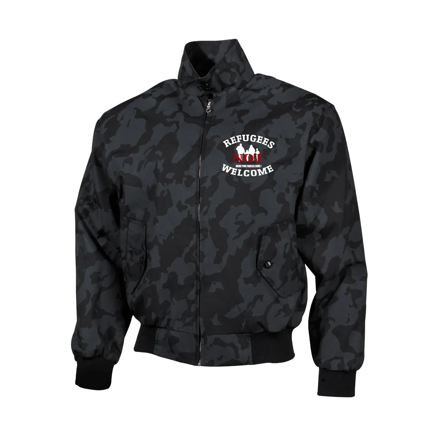 Bestickte Harrington Jacke, Camo - Refugees not welcome