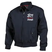 Bestickte Harrington Jacke, Blau - Klagt nicht kämpft, Schwert Vorderseite