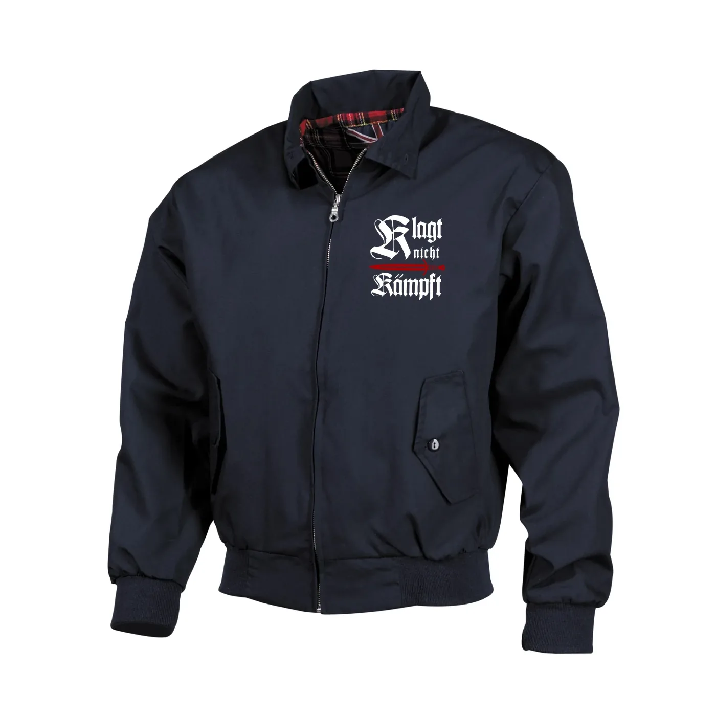 Bestickte Harrington Jacke, Blau - Klagt nicht kämpft, Schwert