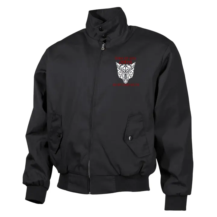 Bestickte Harrington Jacke, Schwarz - Lieber ein Wolf Odins als ein Lamm Gottes