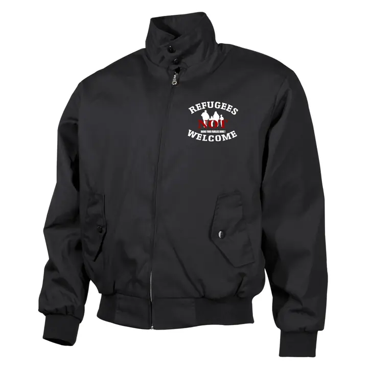 Bestickte Harrington Jacke, Schwarz - Refugees not welcome