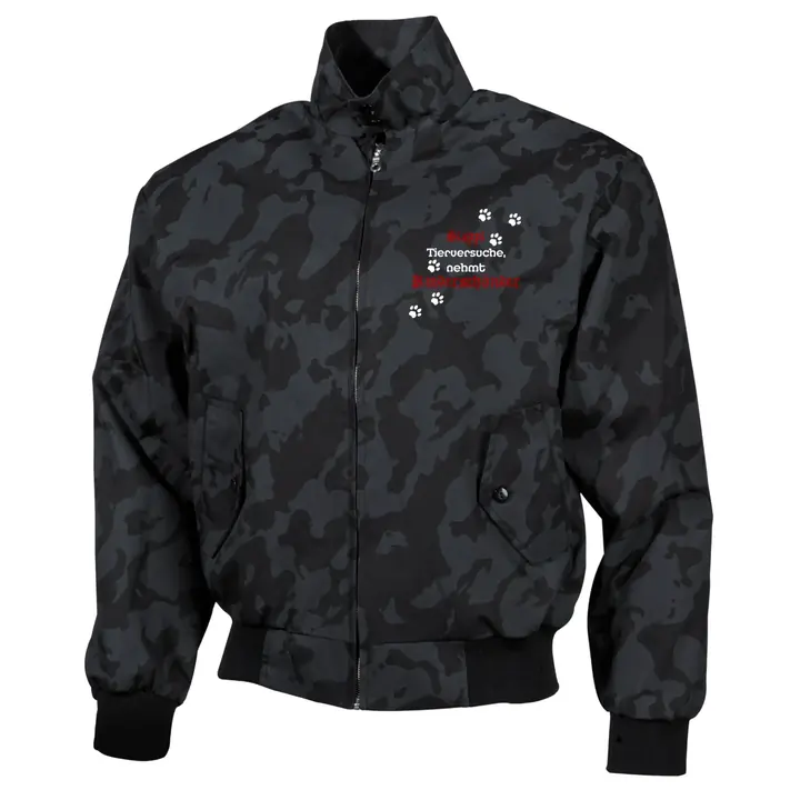 Bestickte Harrington Jacke, Camo - Stoppt Tierversuche, nehmt Kinderschänder