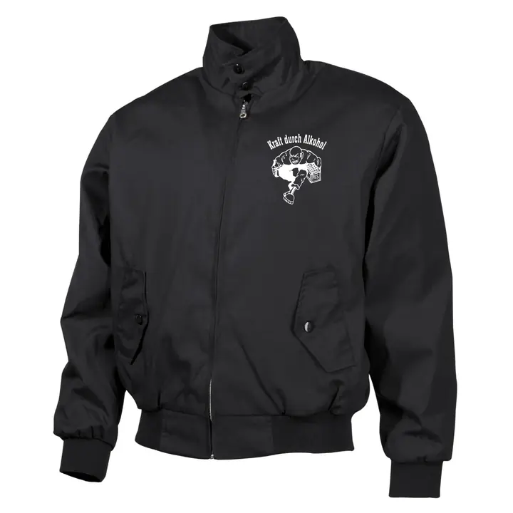 Bestickte Harrington Jacke, Schwarz - Kraft durch Alkohol
