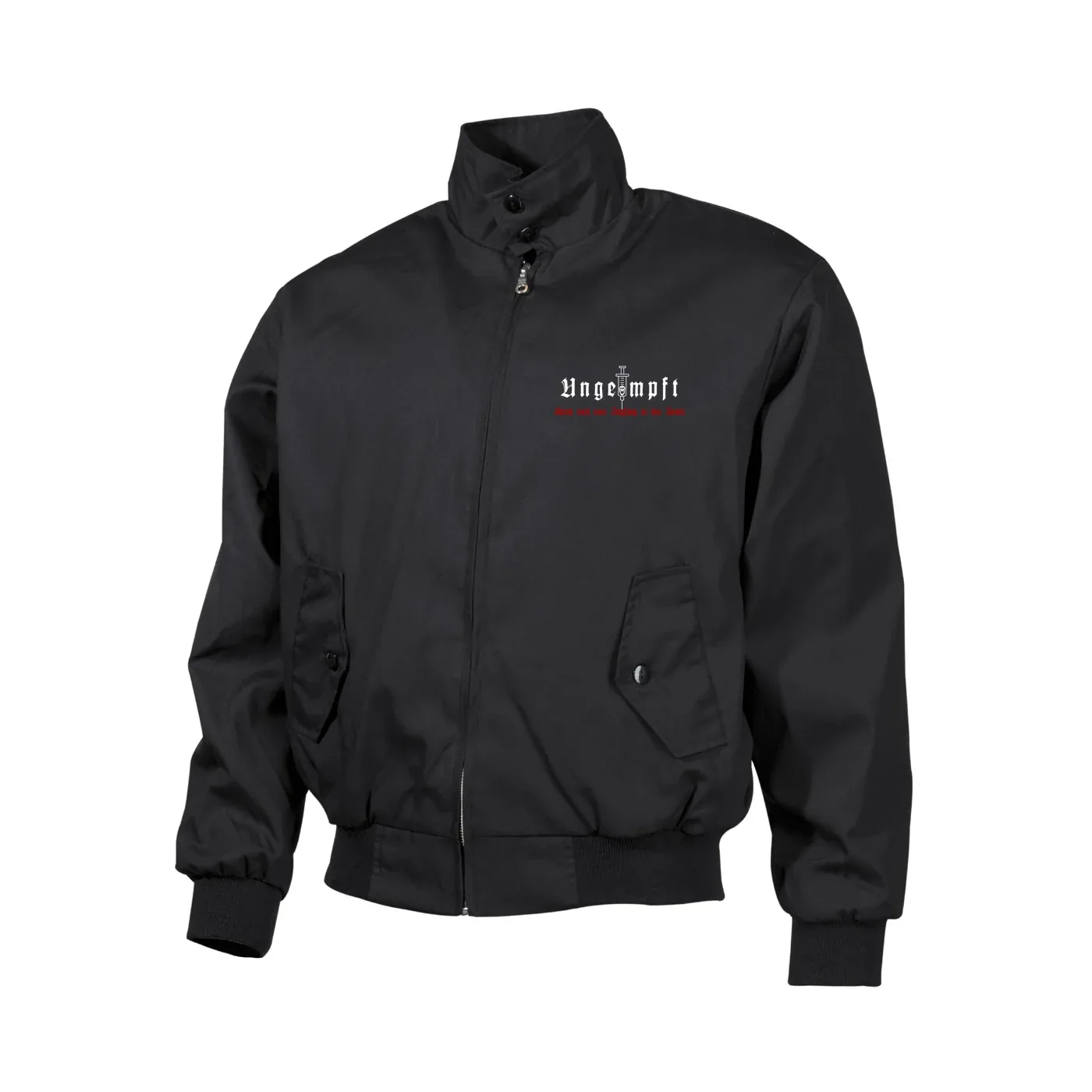Bestickte Harrington Jacke, Schwarz - Ungeimpft, Steckt euch eure Impfung in den Arsch