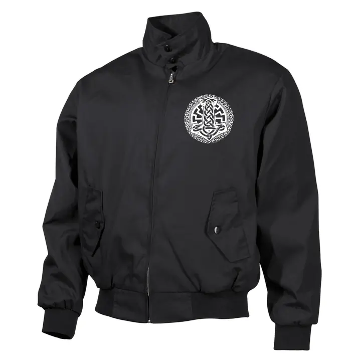 Bestickte Harrington Jacke, Schwarz - Schwarze Sonne, Thorhammer