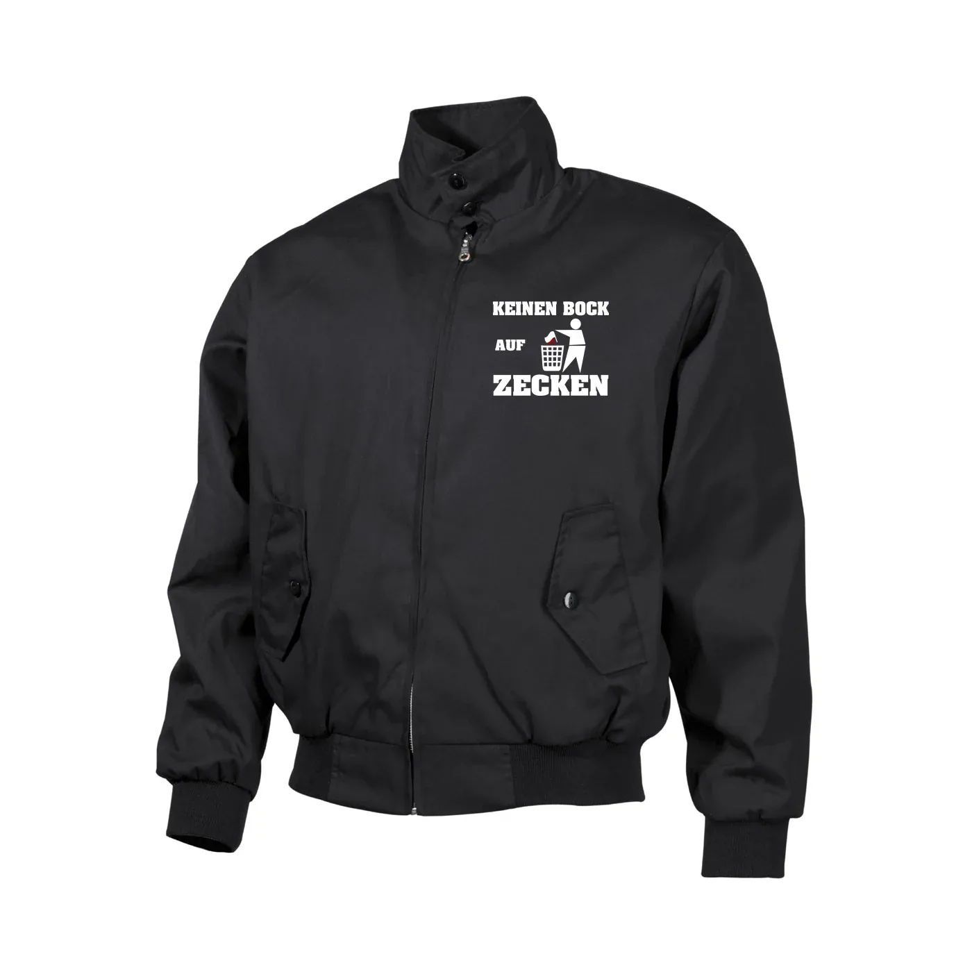 Bestickte Harrington Jacke, Schwarz - Keinen Bock auf Zecken