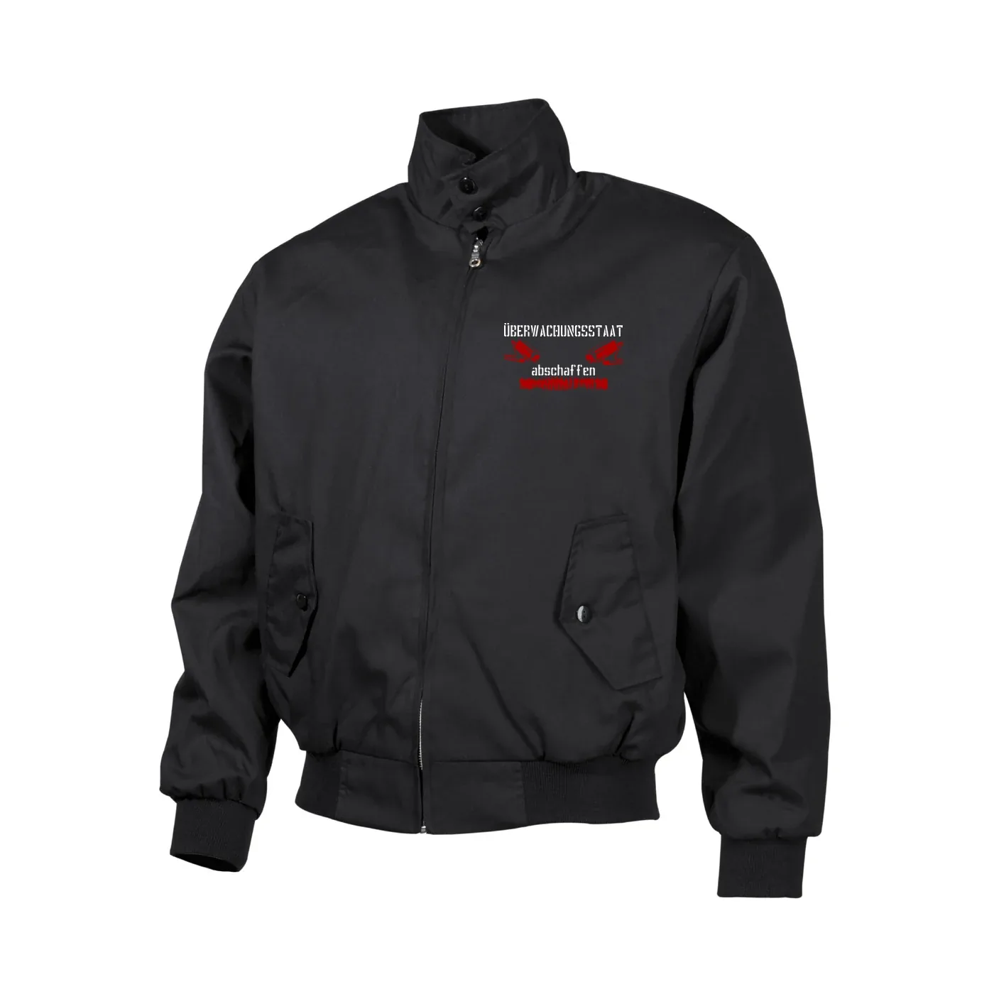 Bestickte Harrington Jacke, Schwarz - Überwachungsstaat abschaffen