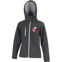 Bestickte Damen Softshell Kapuzenjacke - See you in Walhalla, Totenkopf Vorderseite