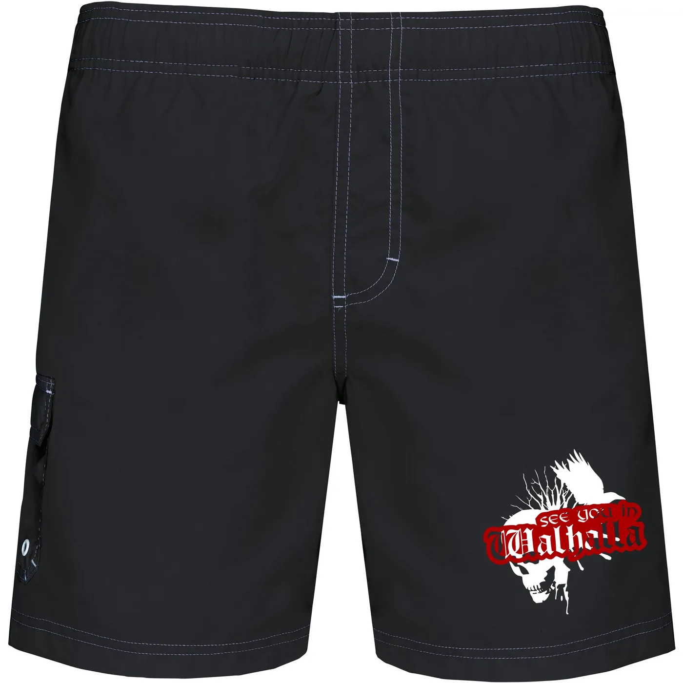 Bestickte Herren Badehose - See you in Walhalla, Totenkopf