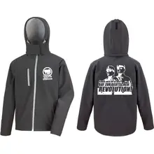 Bestickte Herren Softshell Kapuzenjacke - Komm zur Revolution Vorder- und Rückseite