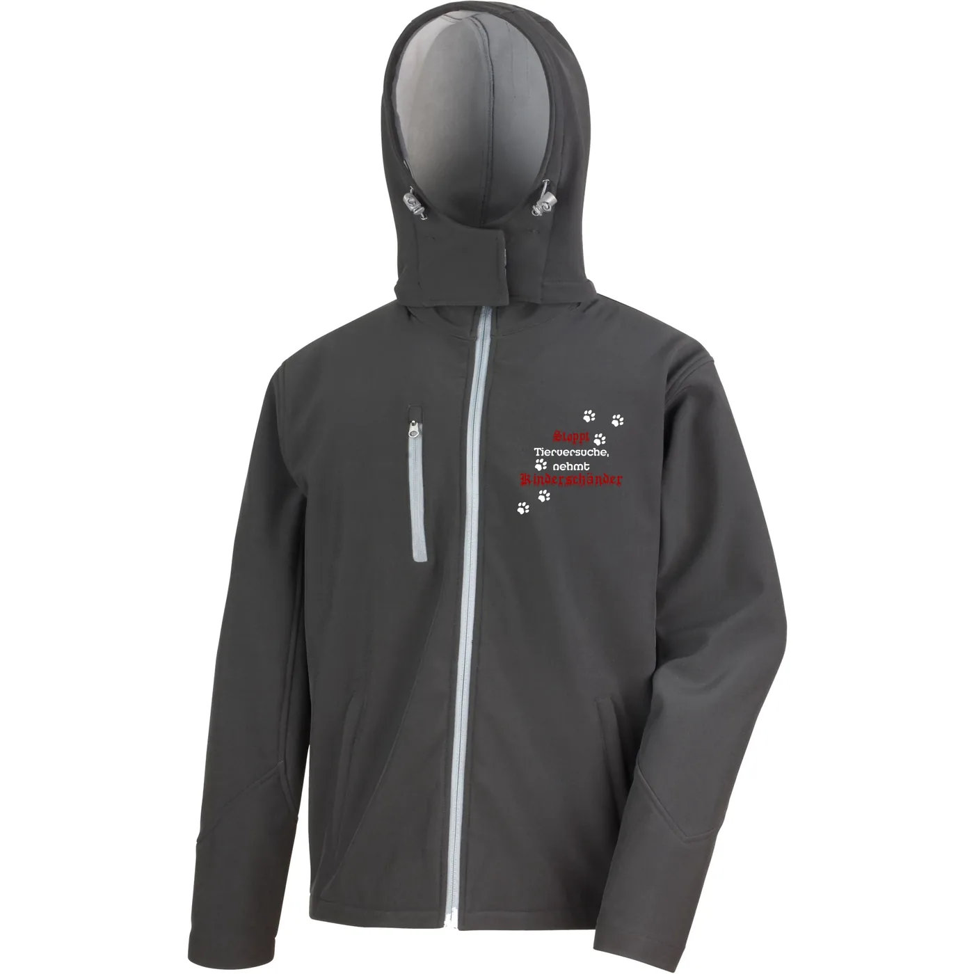 Bestickte Herren Softshell Kapuzenjacke - Stoppt Tierversuche, nehmt Kinderschänder