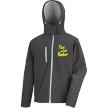 Bestickte Herren Softshell Kapuzenjacke - Raus mit die Viecher Vorderseite
